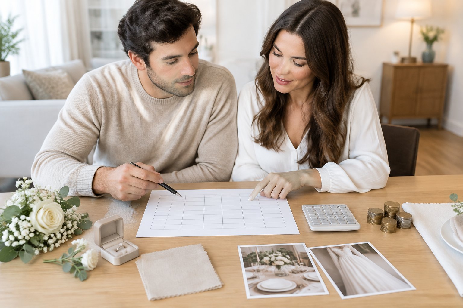 A couple organizes wedding-planning materials and a budget worksheet at a table.