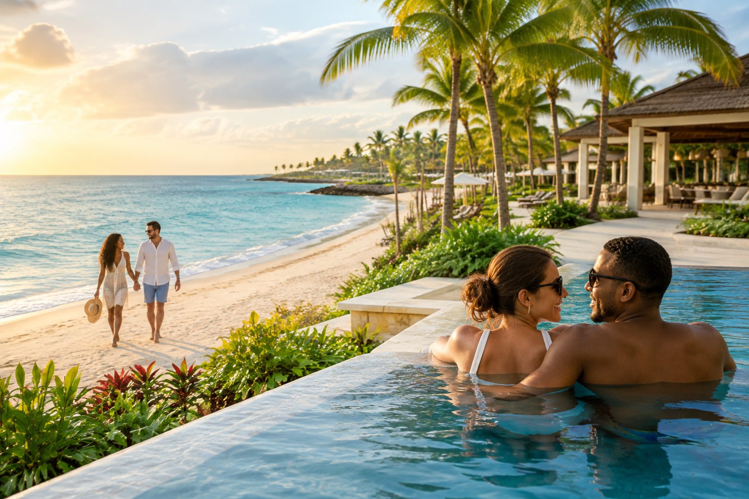 Two couples enjoy different honeymoon experiences at a tropical Punta Cana beach resort.