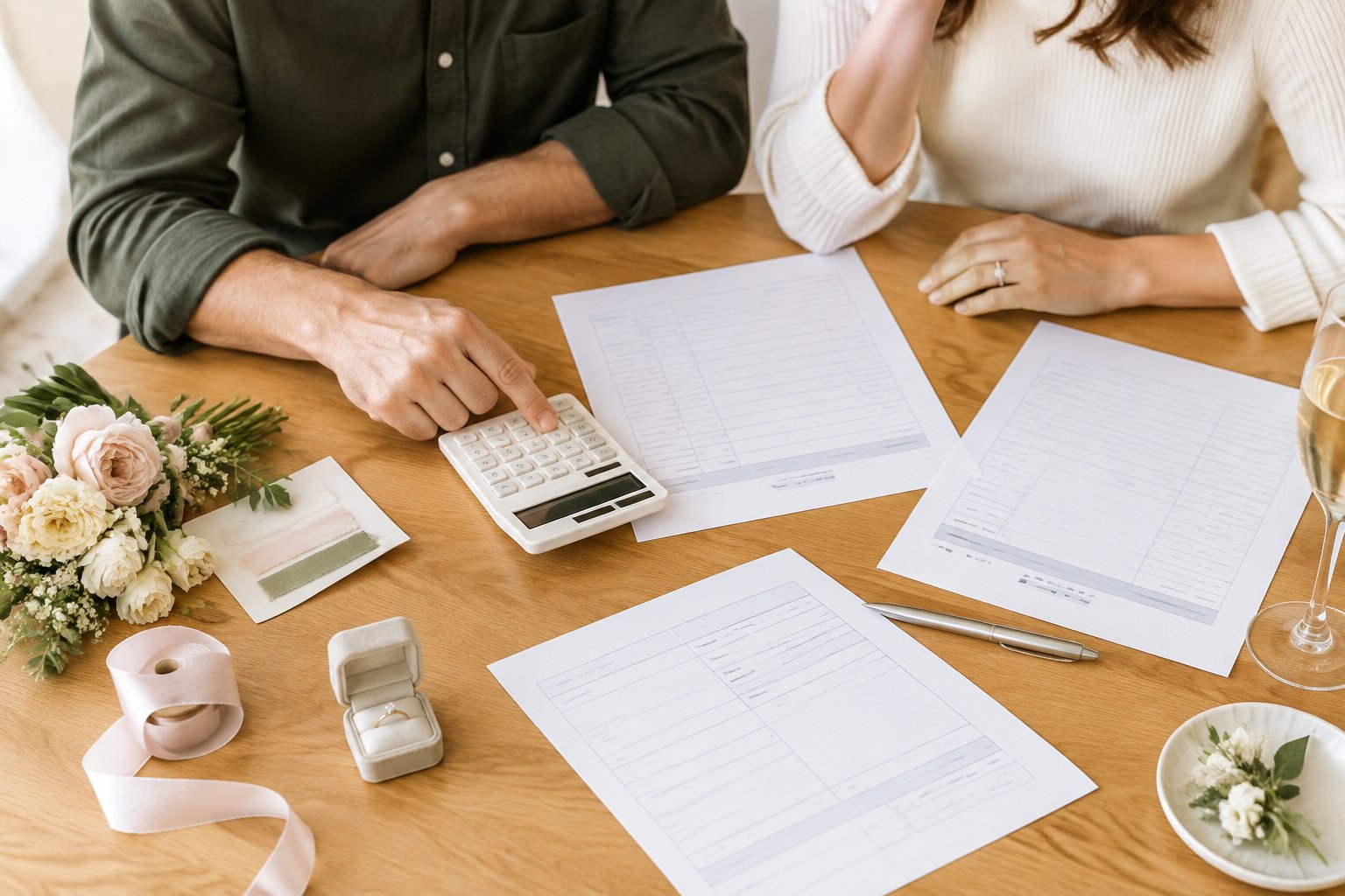 A couple uses a calculator while reviewing wedding budget papers at a table.