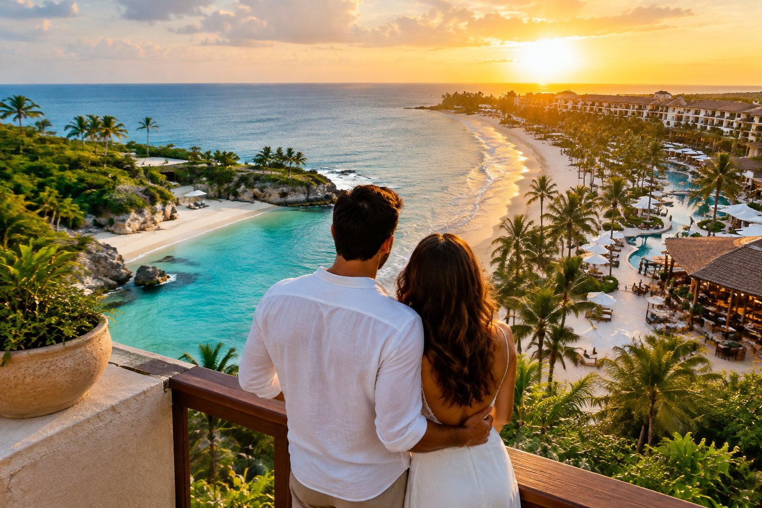 A newlywed couple looks out over two resort areas along a tropical Punta Cana coastline.