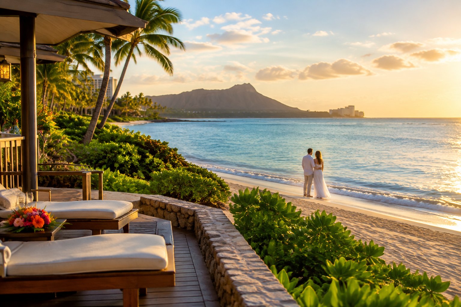 A couple stands together on a Honolulu beach beside a tropical resort.