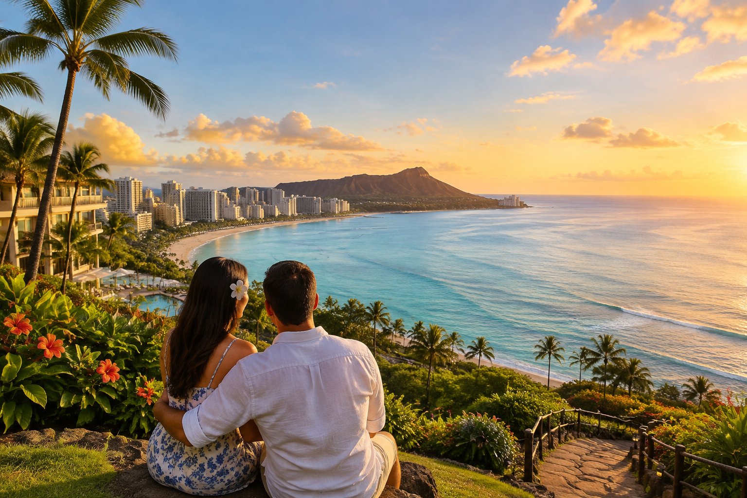 A couple overlooks Waikiki Beach and Diamond Head at sunset.