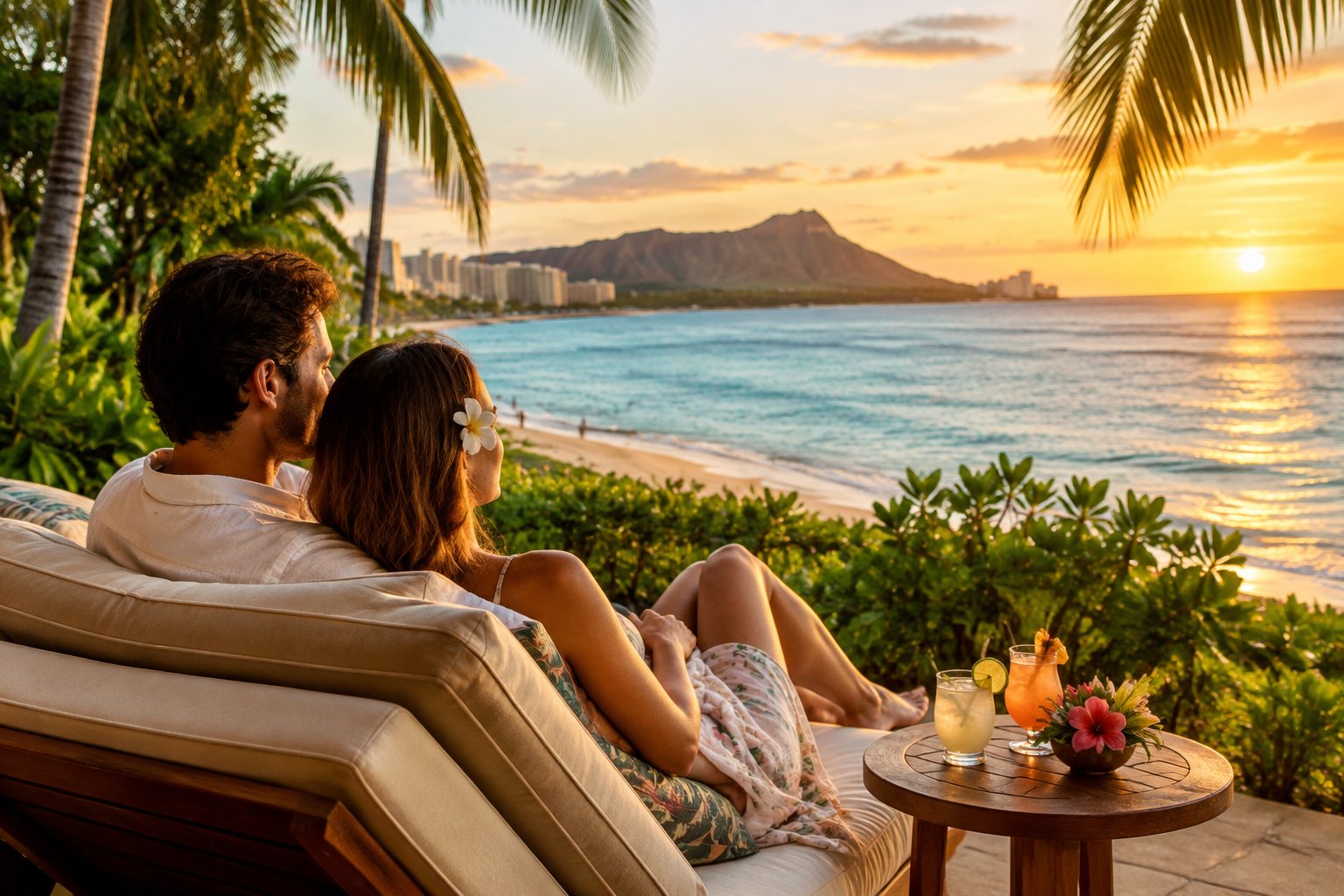 A couple relaxes together on a resort lanai overlooking the ocean in Honolulu.