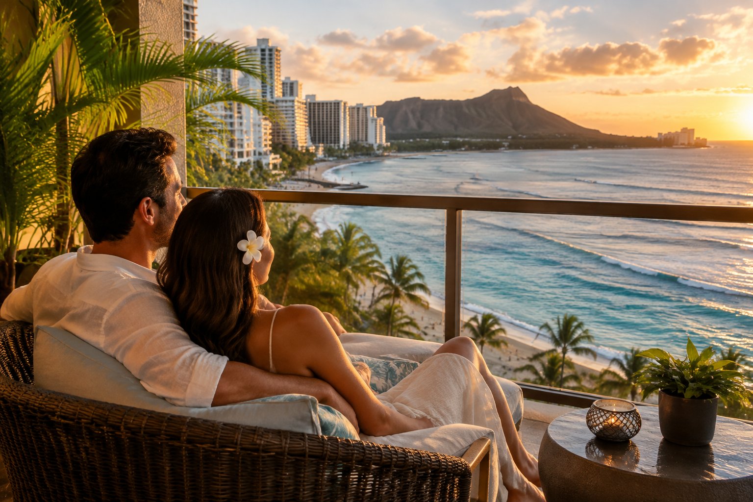 A couple relaxes on a resort balcony overlooking Waikiki Beach and Diamond Head.