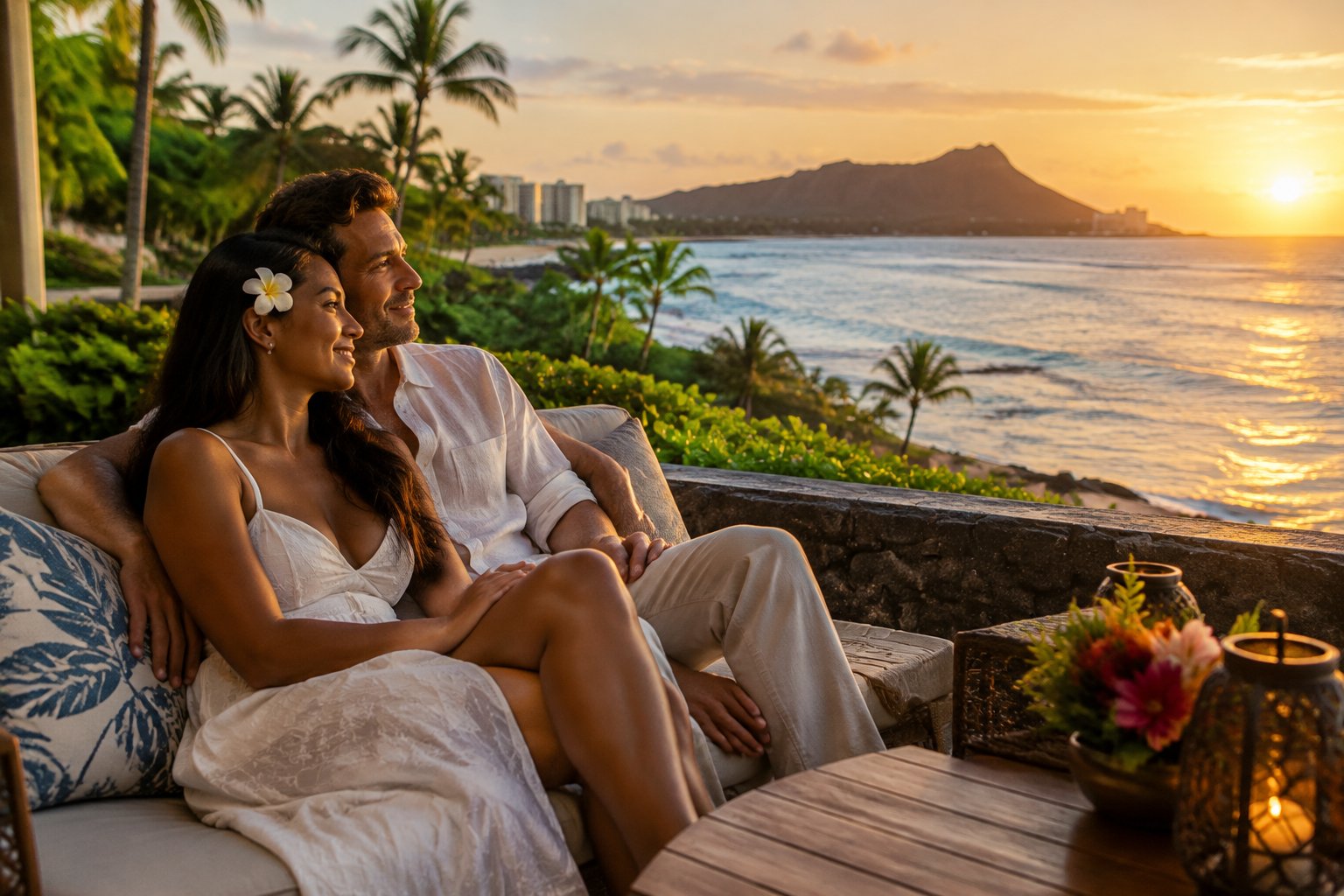 A couple shares a quiet moment on a beachfront terrace overlooking the ocean.