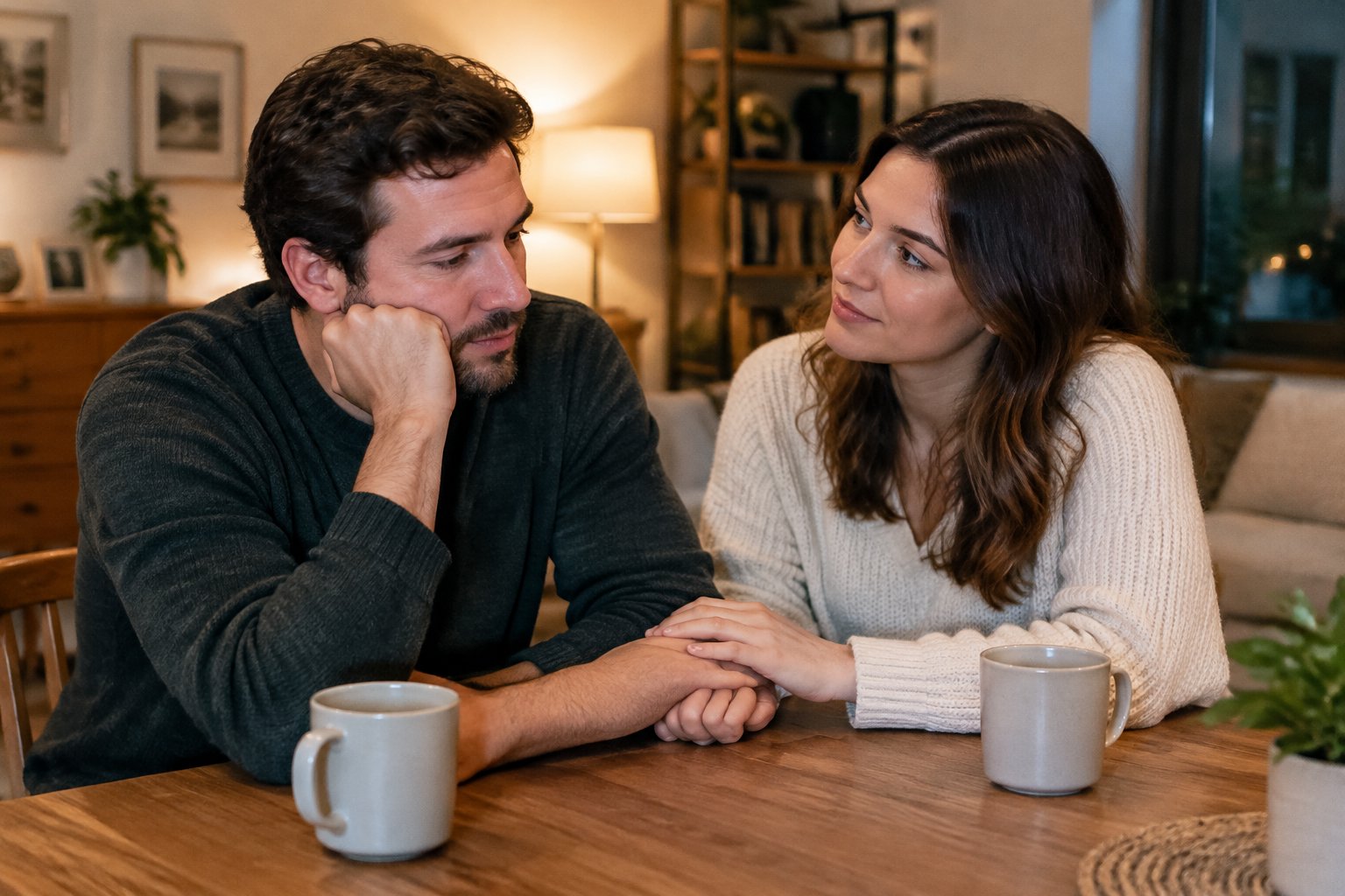 A couple sits together at a table, sharing a thoughtful conversation.