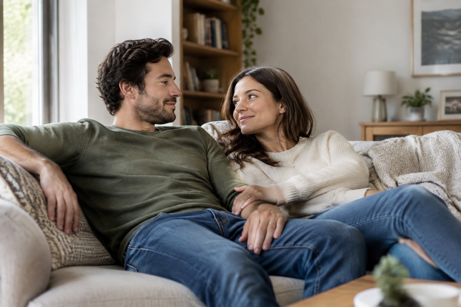 A couple sits close together on a sofa, sharing a thoughtful, affectionate moment.