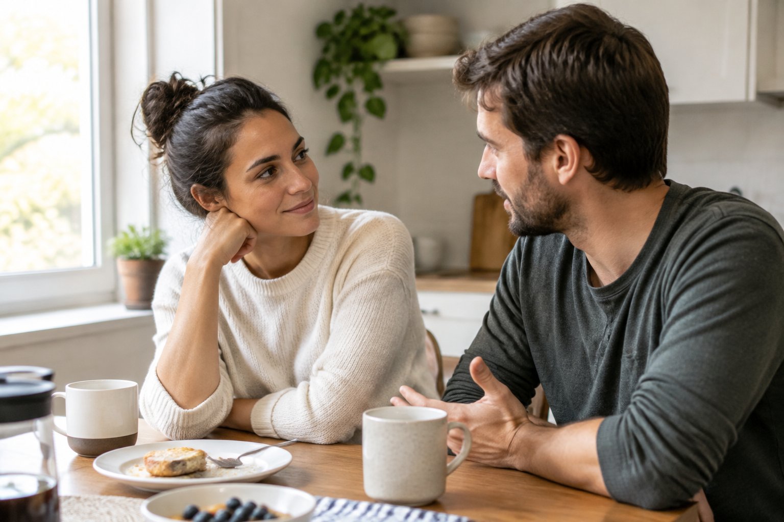 A couple shares a thoughtful conversation at their kitchen table.