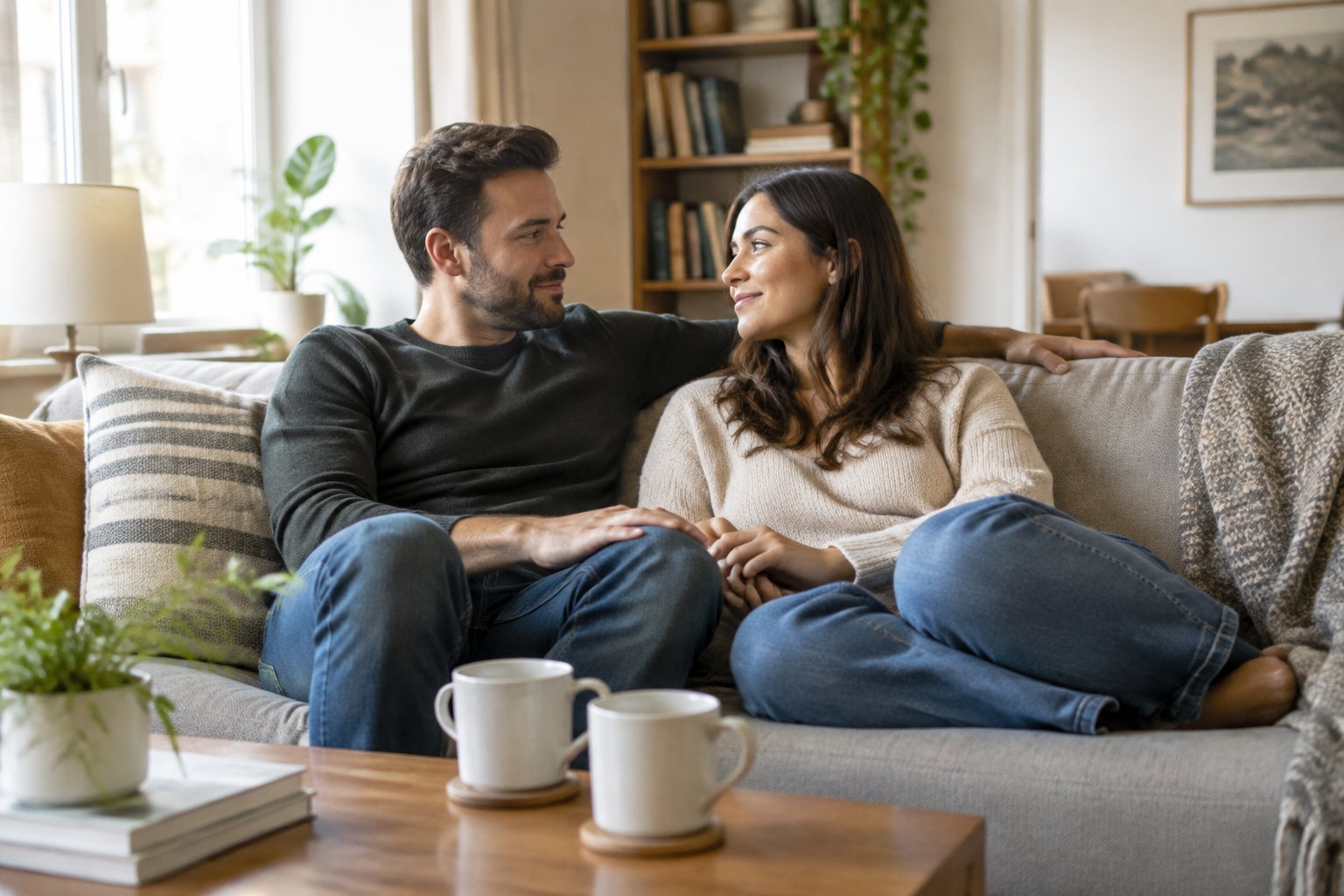 A couple sits close together on a sofa, sharing a quiet moment at home.