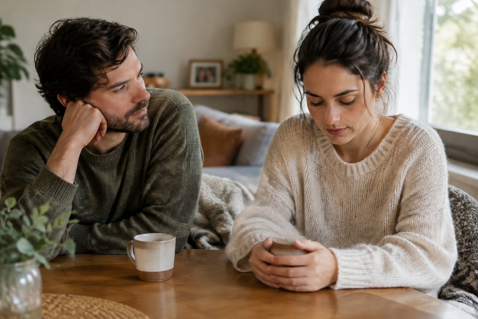 A couple sits quietly together at a table, each lost in thought.