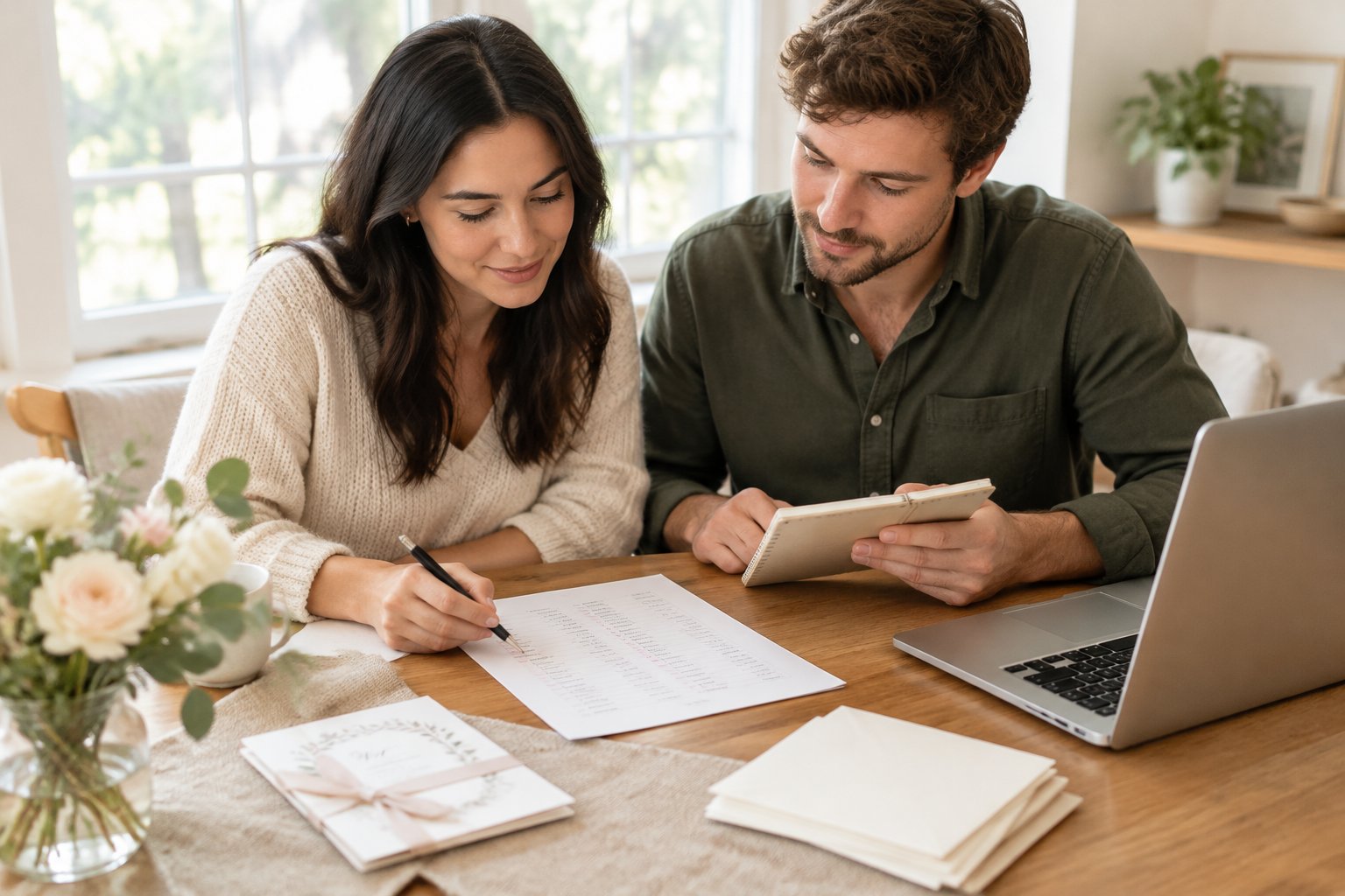 An engaged couple reviews a wedding guest list together at a table.