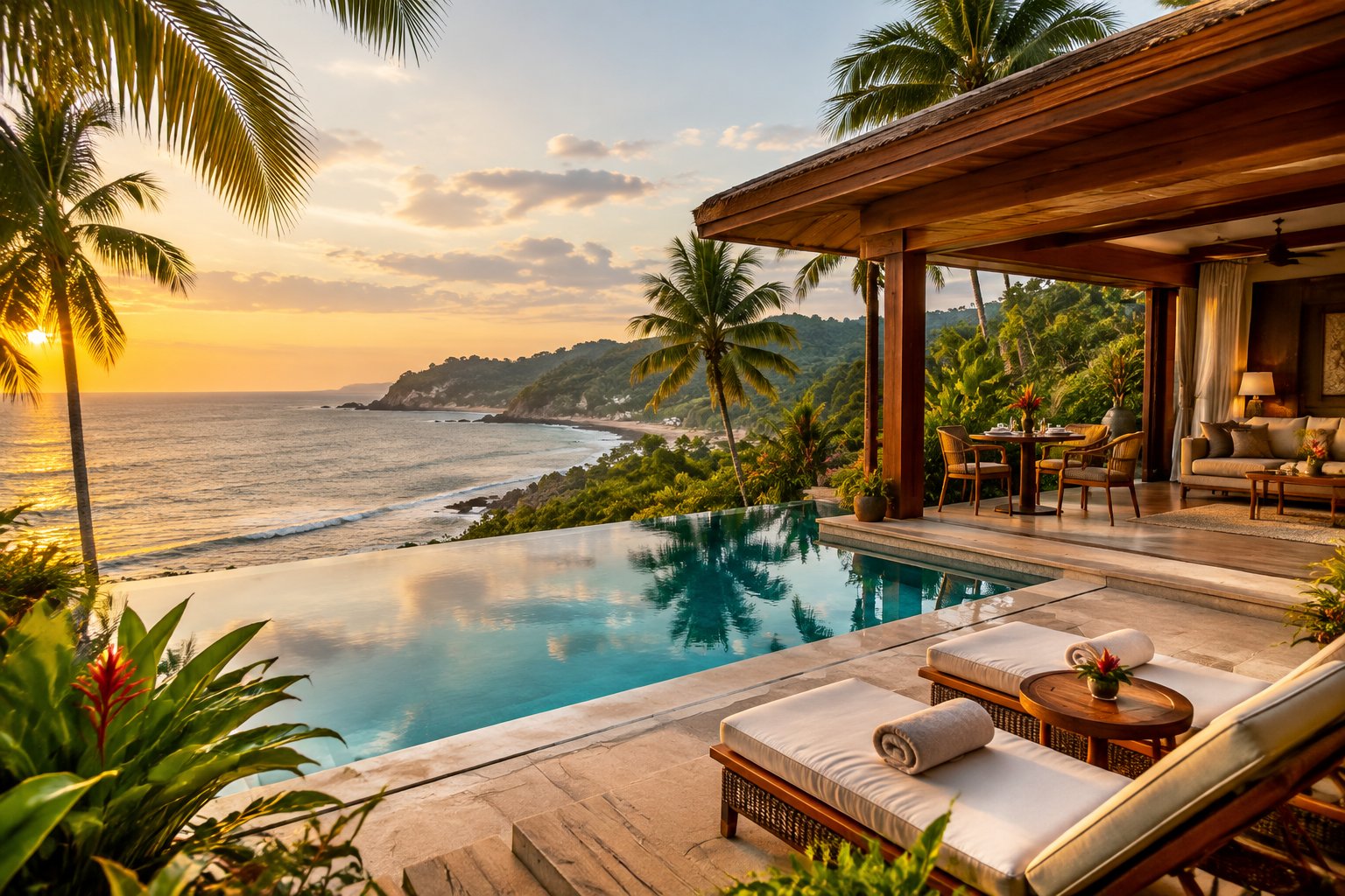 A secluded beachfront resort with an infinity pool overlooking the Pacific Ocean.