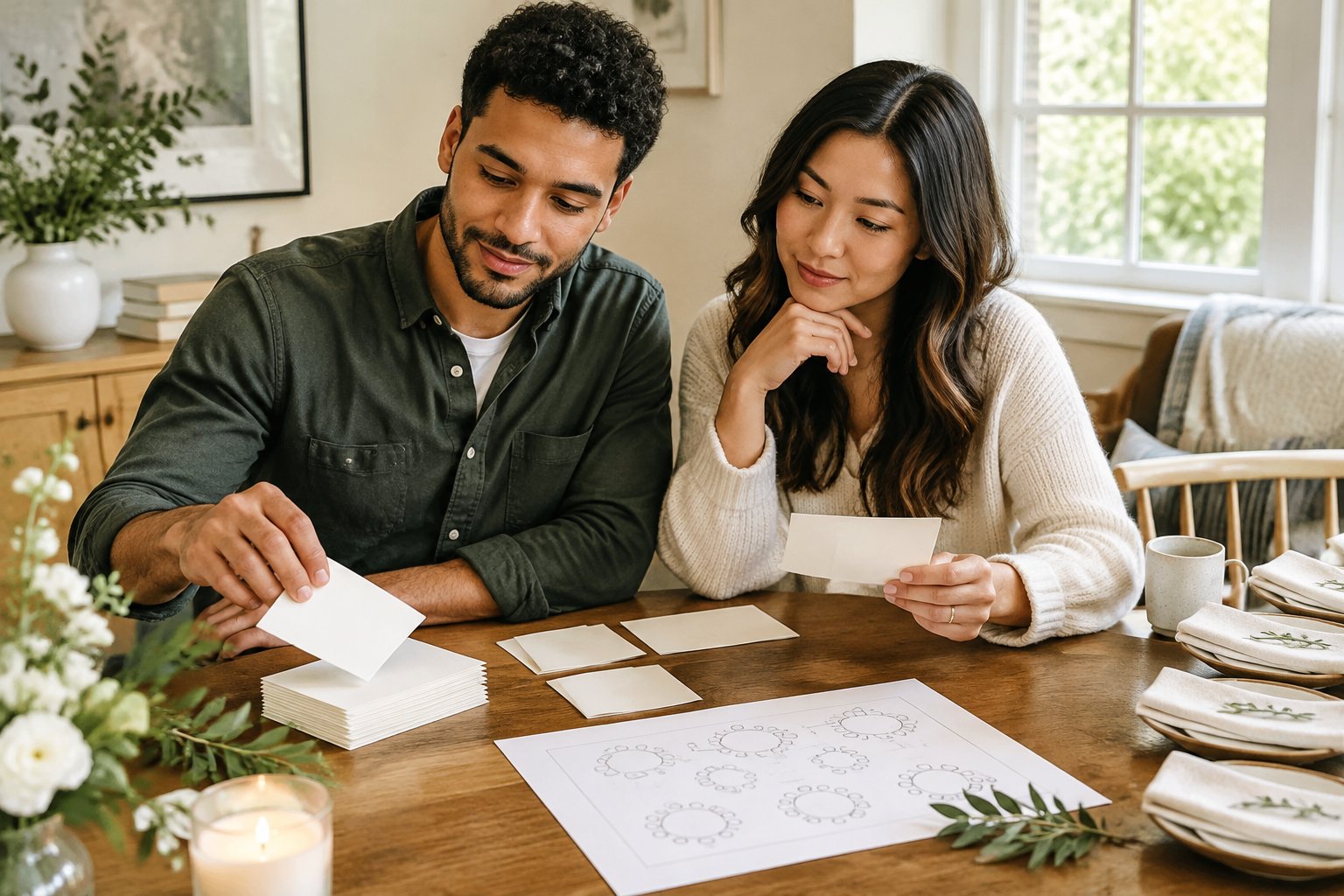 An engaged couple reviews invitation cards together at a table.