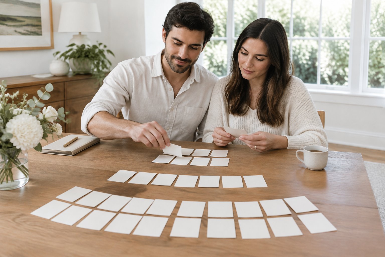 An engaged couple sorts blank guest cards into three groups at a table.