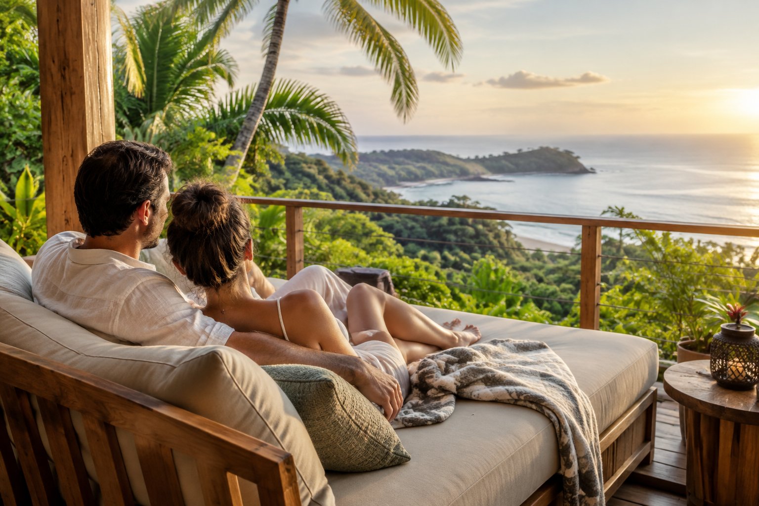 A couple relaxes on a resort terrace overlooking the tropical coastline.
