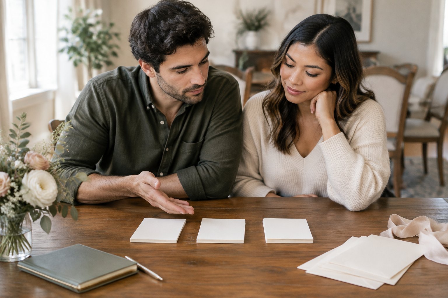 An engaged couple discusses groups of blank guest-list cards at a table.