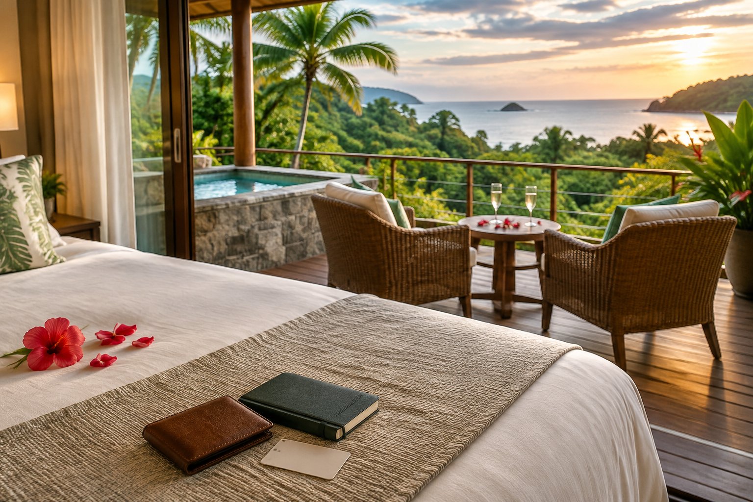A romantic resort suite in Quepos opens onto a terrace overlooking tropical greenery and the Pacific Ocean.
