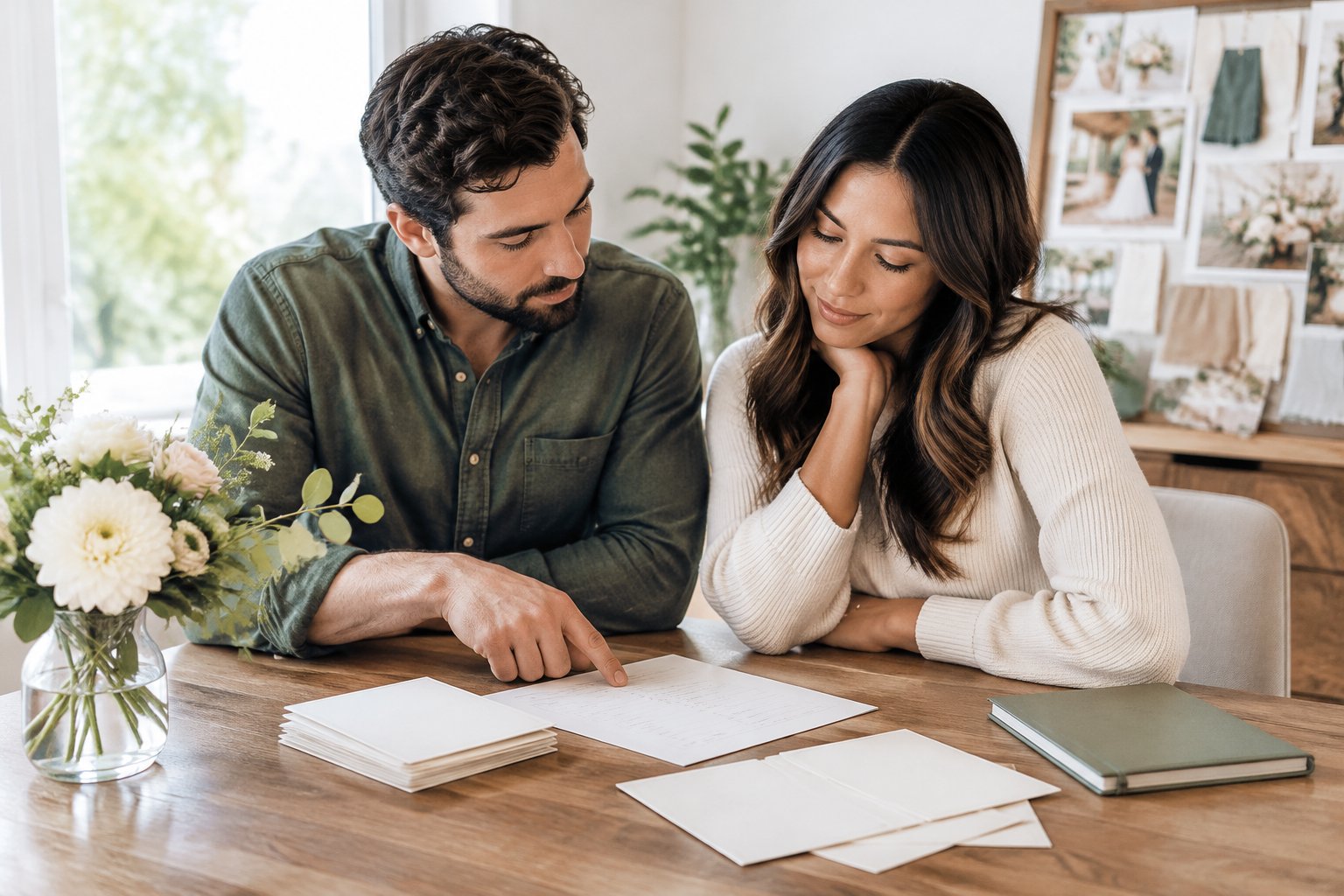 An engaged couple discusses a wedding guest list at a table.