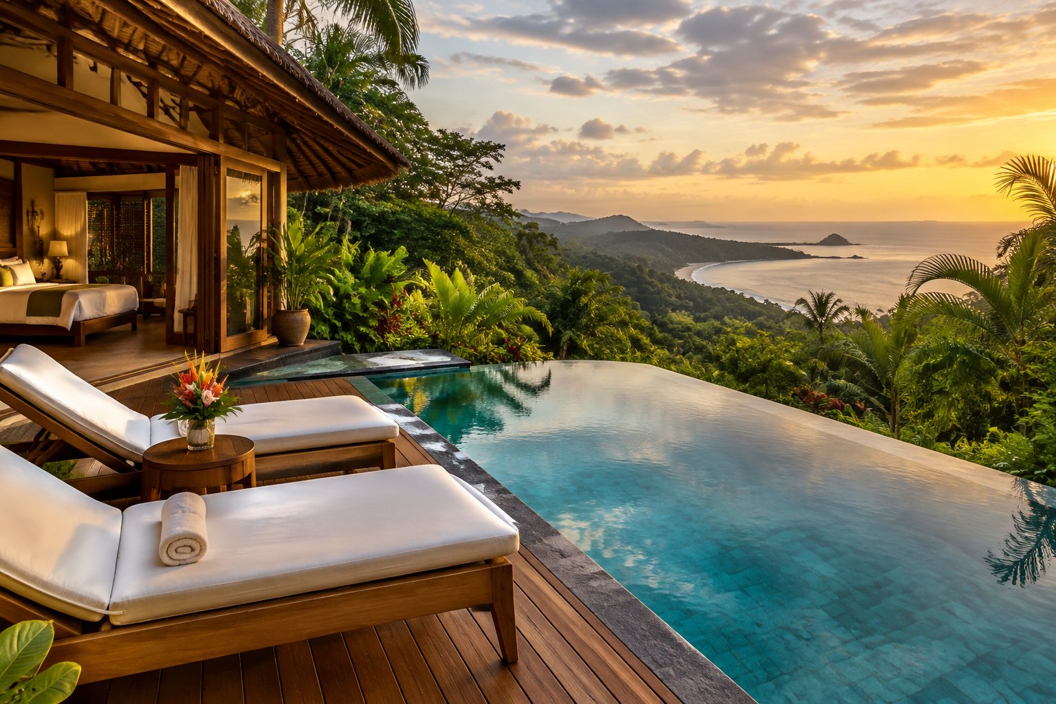 A secluded tropical resort bungalow with a pool overlooking rainforest and the Pacific coast.