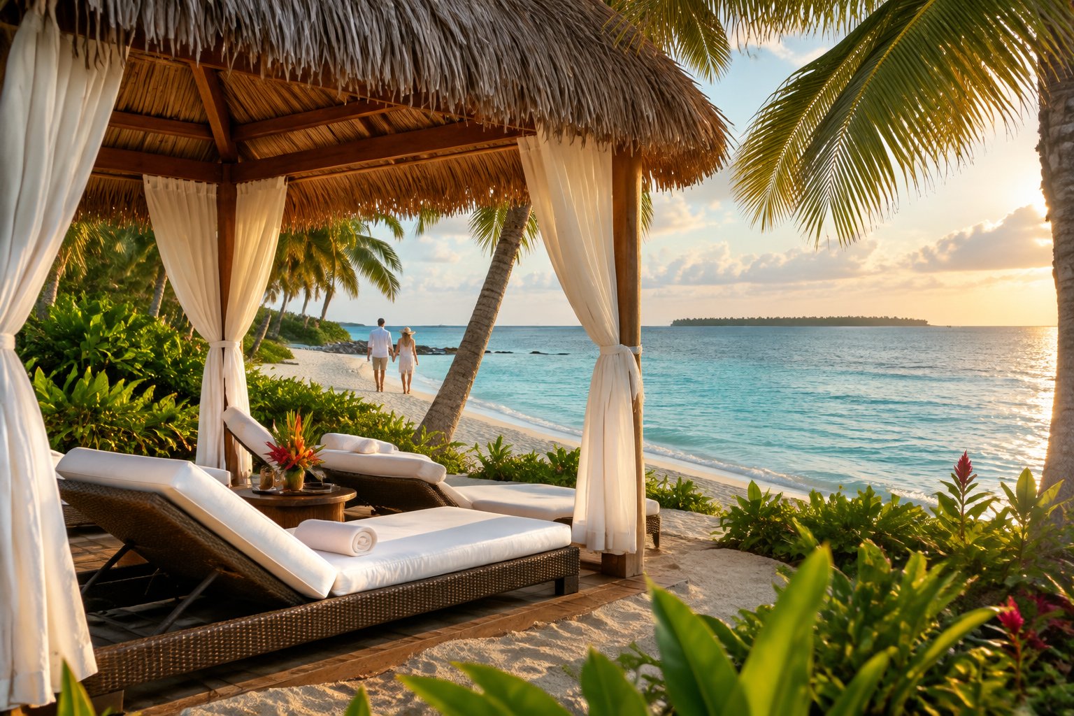 A couple walks along the beach beside a thatched-roof resort cabana in Belize.