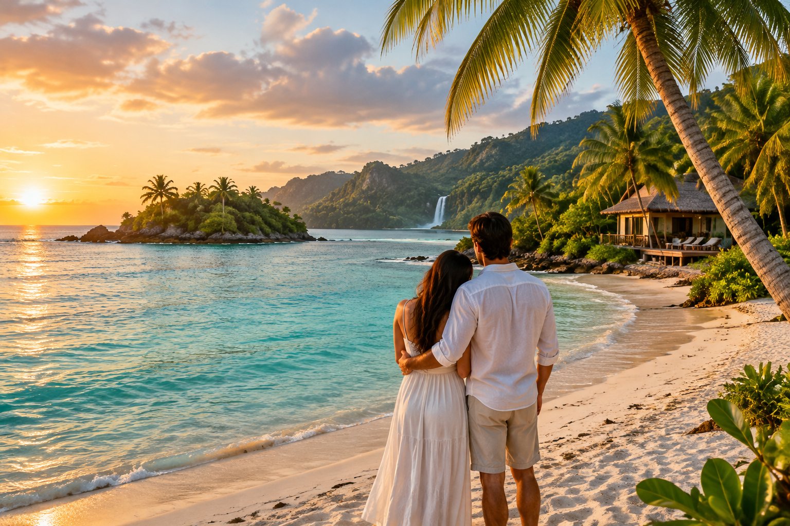 A couple stands on a Belizean beach overlooking turquoise water, a distant cay, and lush green hills.