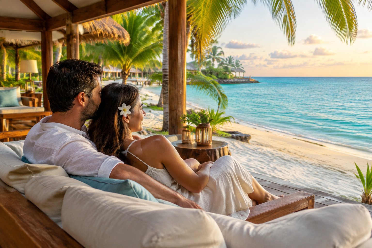 A couple relaxes together at a tropical beach resort in Belize.