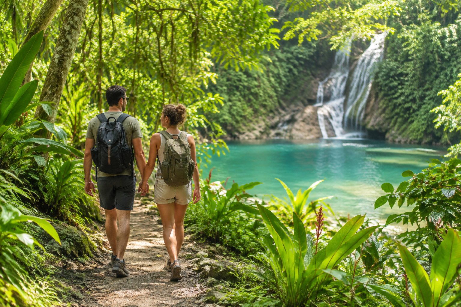 A couple walks hand in hand along a tropical trail toward a turquoise river.