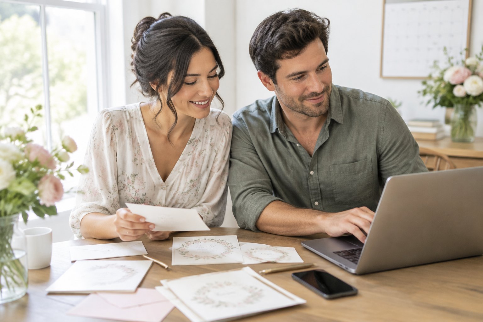 An engaged couple reviews wedding invitations and follows up with guests at a table.