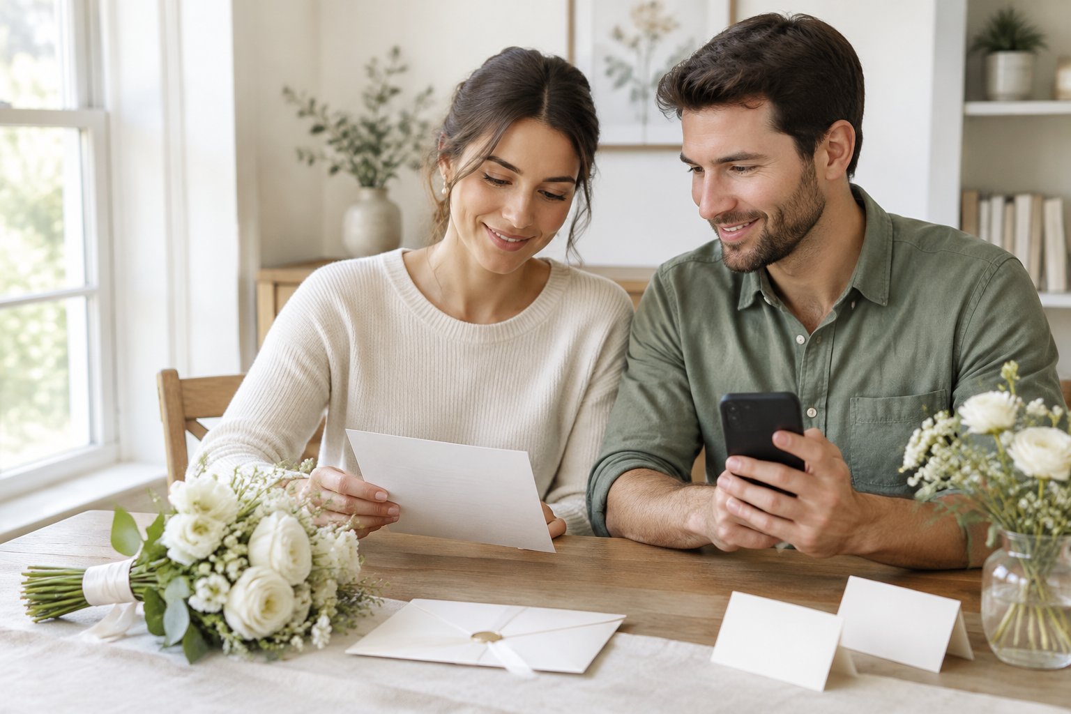 A couple at a table prepares a polite wedding RSVP follow-up.