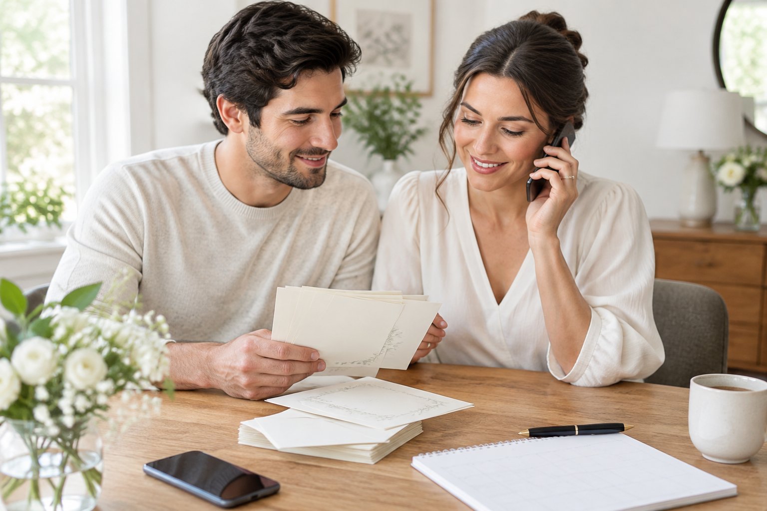 A couple reviews wedding invitations while one of them calls a guest.
