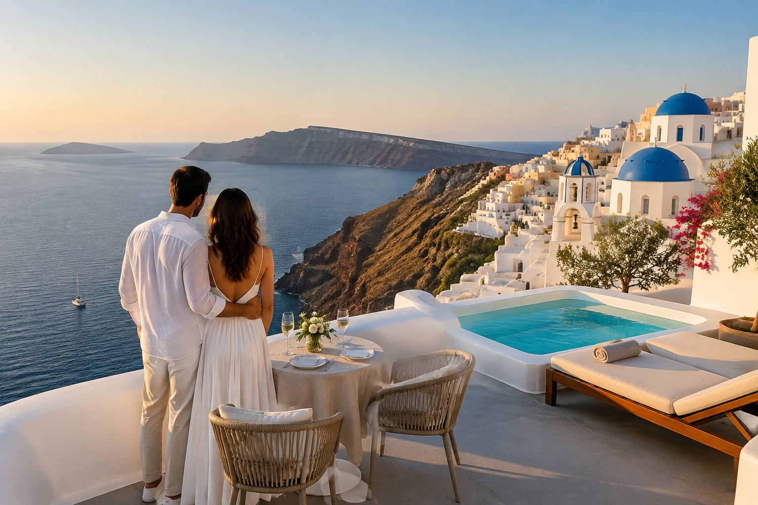 A couple stands on a terrace overlooking Santorini’s white buildings and the Aegean Sea.