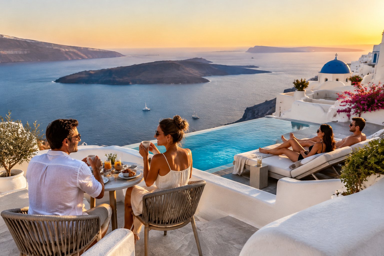 Two couples relax on a terrace overlooking the Santorini caldera.