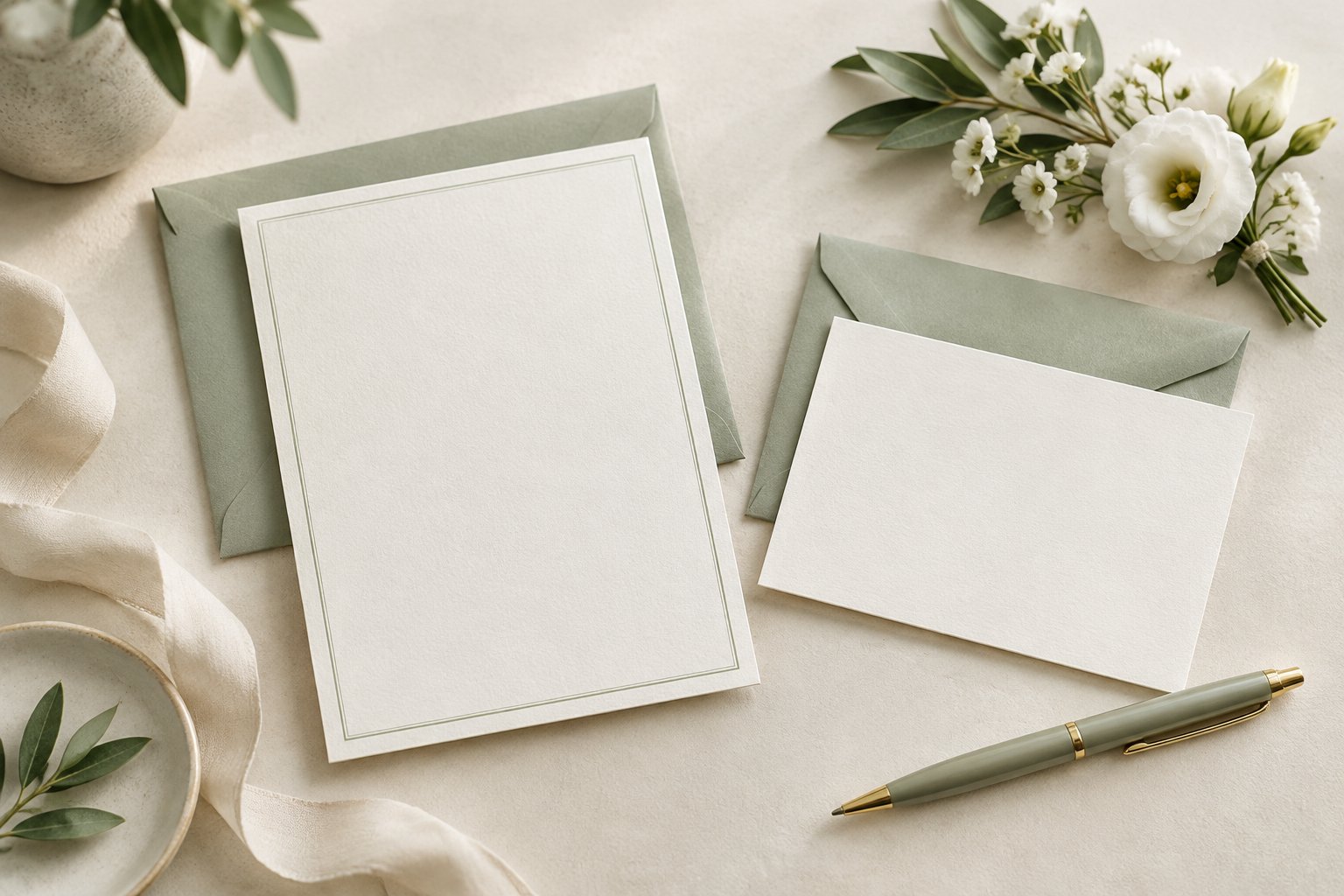 A blank RSVP card and envelope arranged with a pen and small flowers.