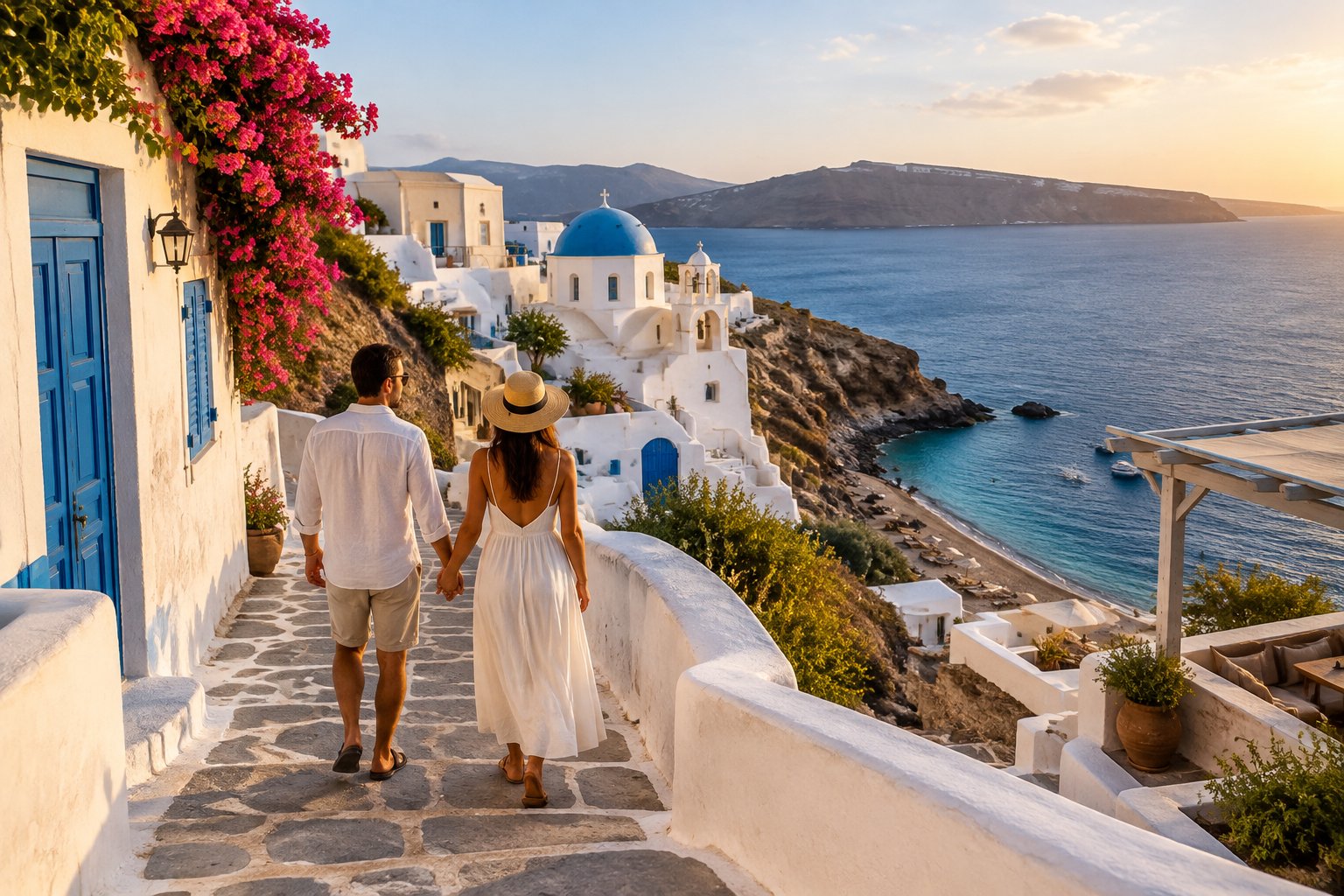 A couple walks through a whitewashed Santorini village toward the blue sea.
