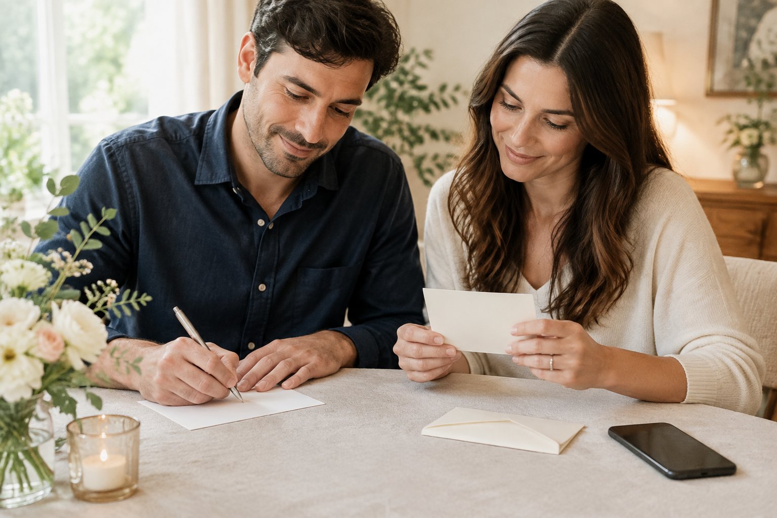 A couple prepares a wedding reply card together at a table.