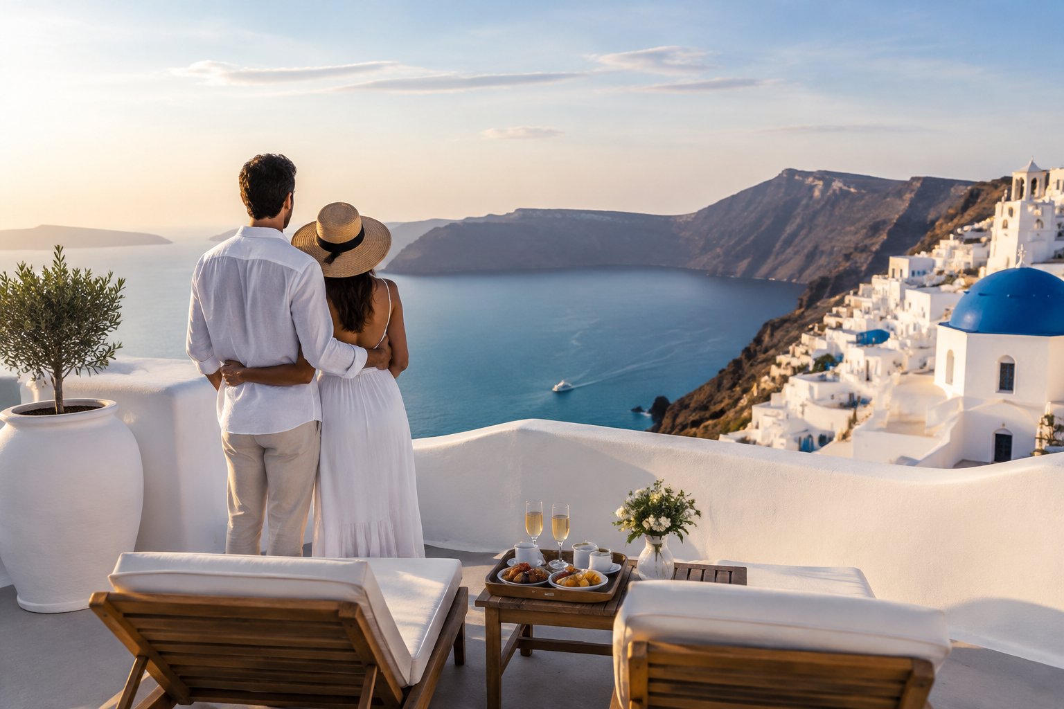 A couple stands on a hotel terrace overlooking the Santorini caldera.