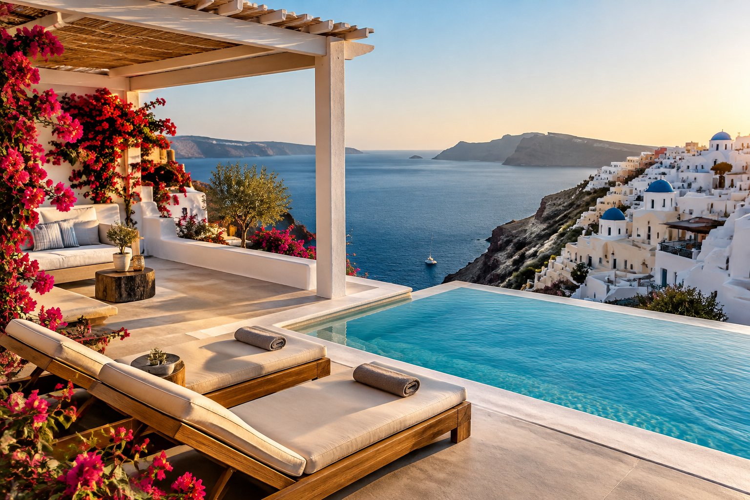 A whitewashed resort terrace with an infinity pool overlooking the Aegean Sea and a Greek island village.