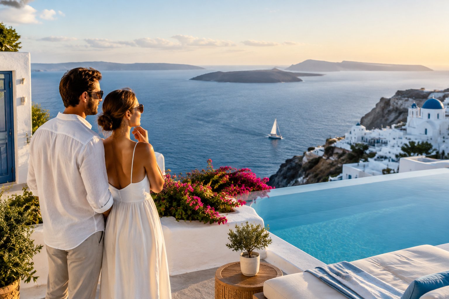 A newlywed couple looks out over the Aegean Sea from a Greek island resort terrace.