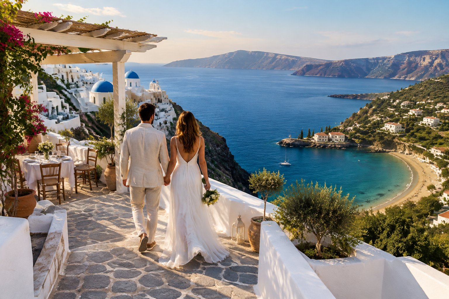 A couple walks along a terrace overlooking Greek island villages and the sea.