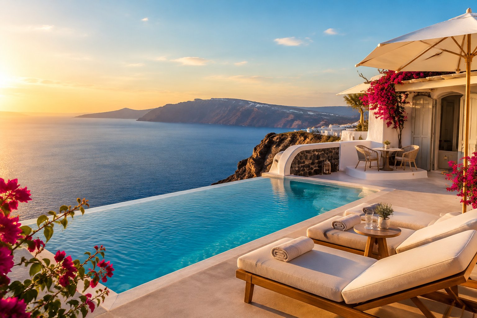 A whitewashed Greek resort overlooking the Aegean Sea, with an infinity pool and a private terrace.