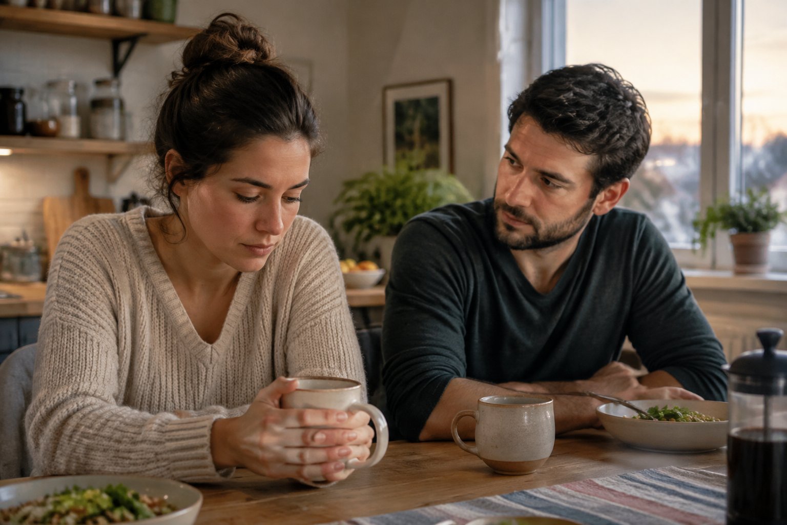 A couple sits quietly together at a kitchen table, each holding a mug.