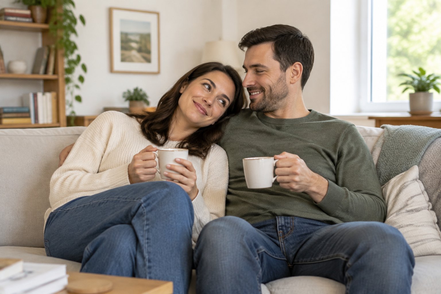 A couple sits close together on a sofa, smiling as they talk over mugs of tea.
