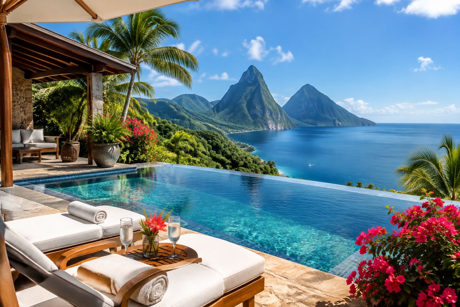 A tropical resort pool overlooks the Caribbean Sea and St. Lucia’s twin Pitons.