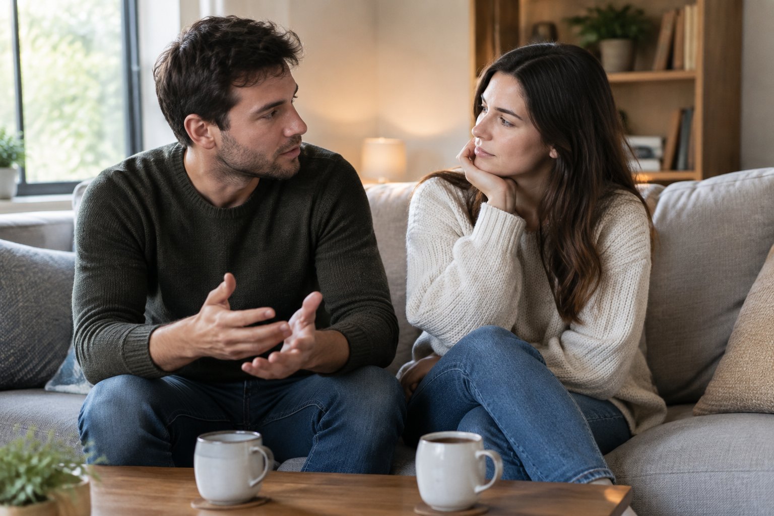 A couple sits together at home, sharing a thoughtful conversation.