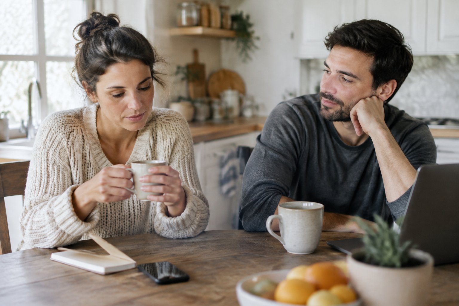 A couple sits together at a kitchen table, each quietly occupied with a mug.