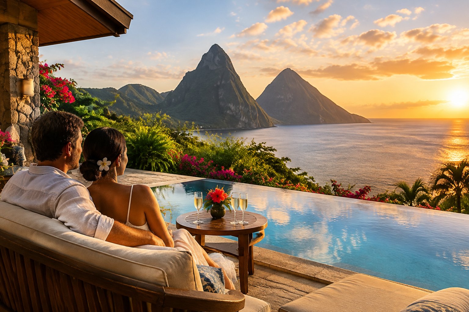 A couple relaxes on a resort terrace overlooking the Pitons and Caribbean Sea.