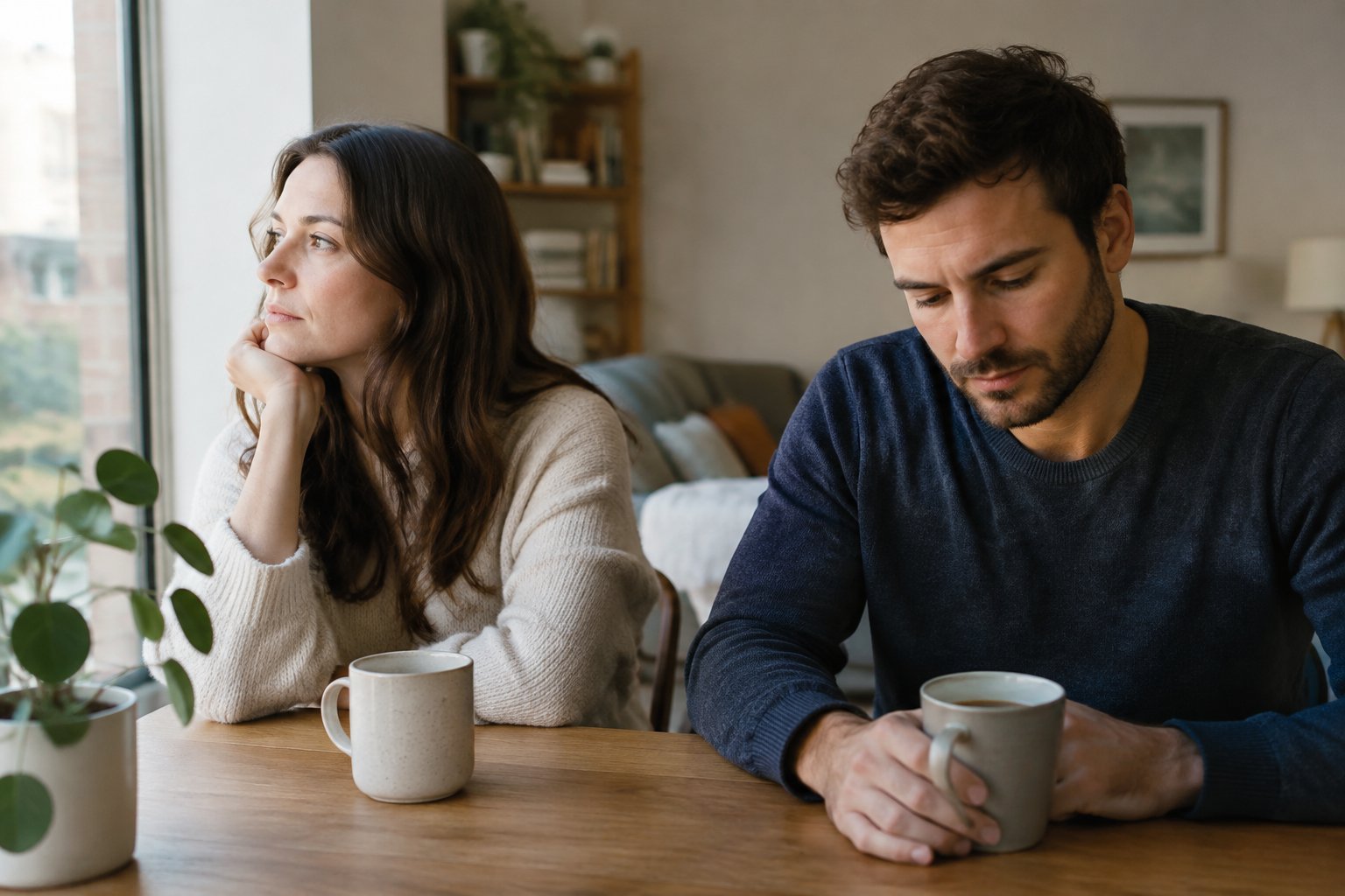 A couple sits quietly together at a table, each lost in thought.