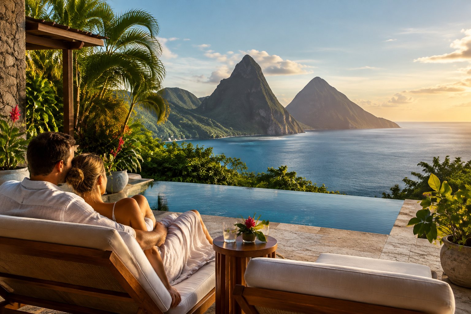 A couple relaxes on a private resort terrace overlooking St. Lucia’s Piton peaks and the sea.