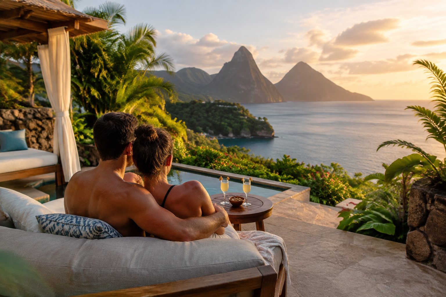 A couple sits together on a private terrace overlooking the Caribbean Sea and Saint Lucia’s green coastline.