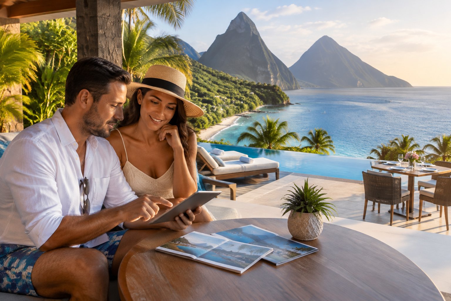 A couple compares resort options on a terrace overlooking the Saint Lucia coast.